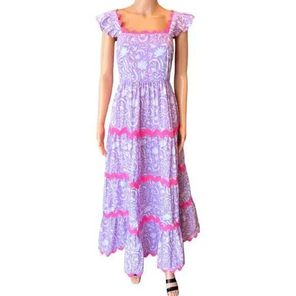 Pink City Prints Xanthe Dress Medium NWT Lilac Begonia Print Ruffle Rickrack - Picture 5 of 10